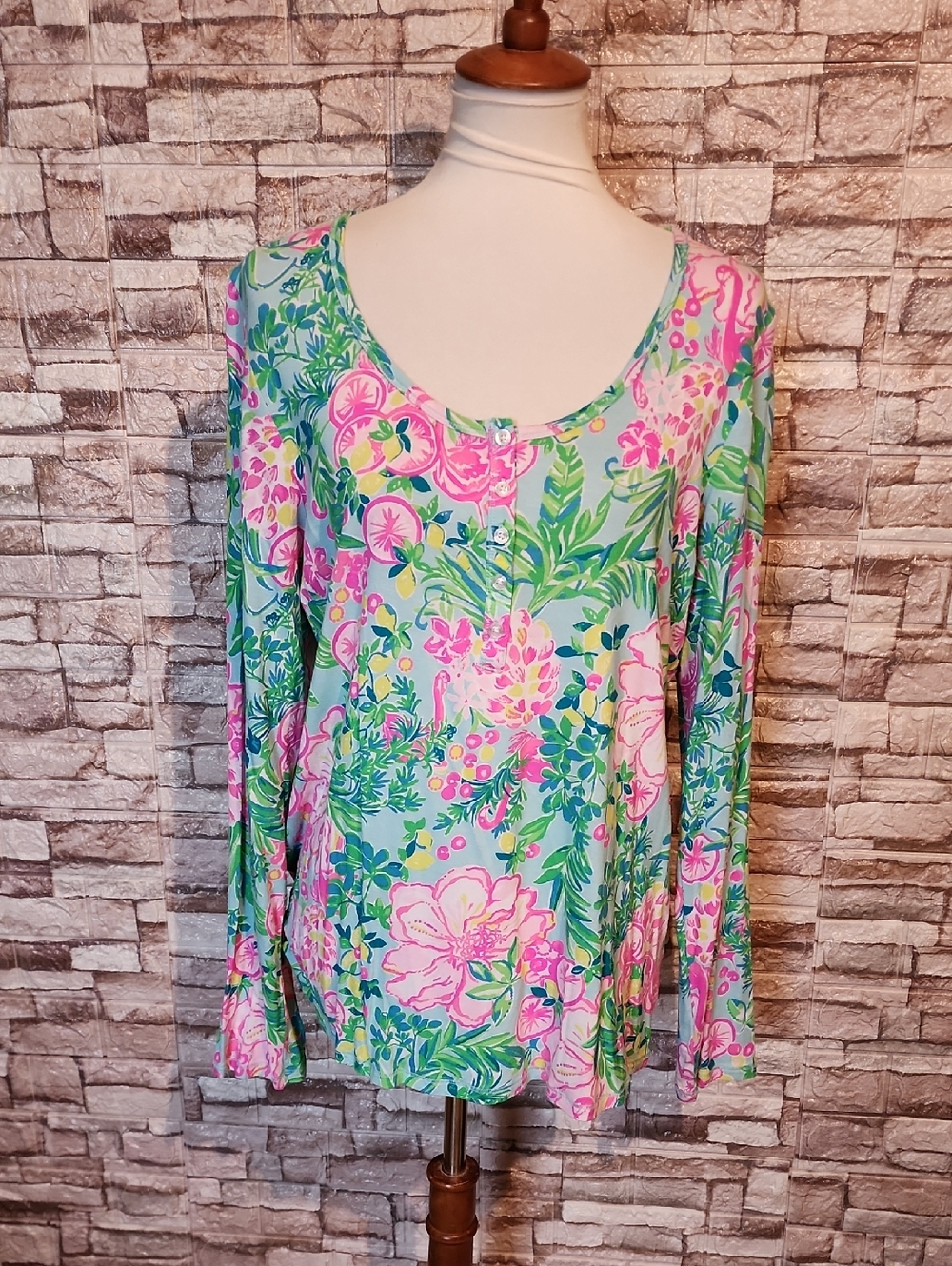 Lilly Pulitzer Floral Scoop Neck Long-Sleeve Top in Mint and Pink